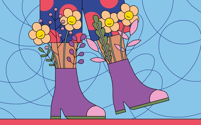 A person's legs clad in polka-dot pants and purple boots, while smiling flowers grow out of the boots