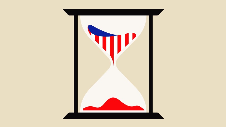 An illustration of an hourglass with sand inside that has the colors of the American flag