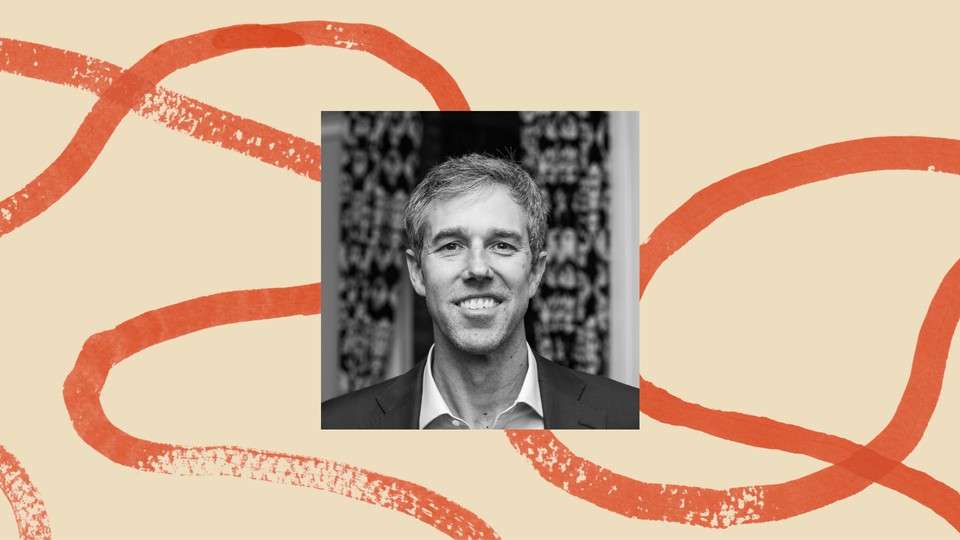 A black-and-white photo of Beto O'Rourke bordered by an illustration