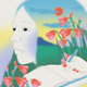 Illustration of female poet in profile with blue sky and flowers