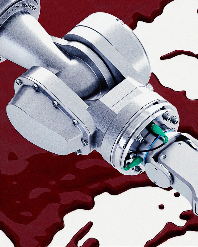 A robotic part sits in a pool of blood