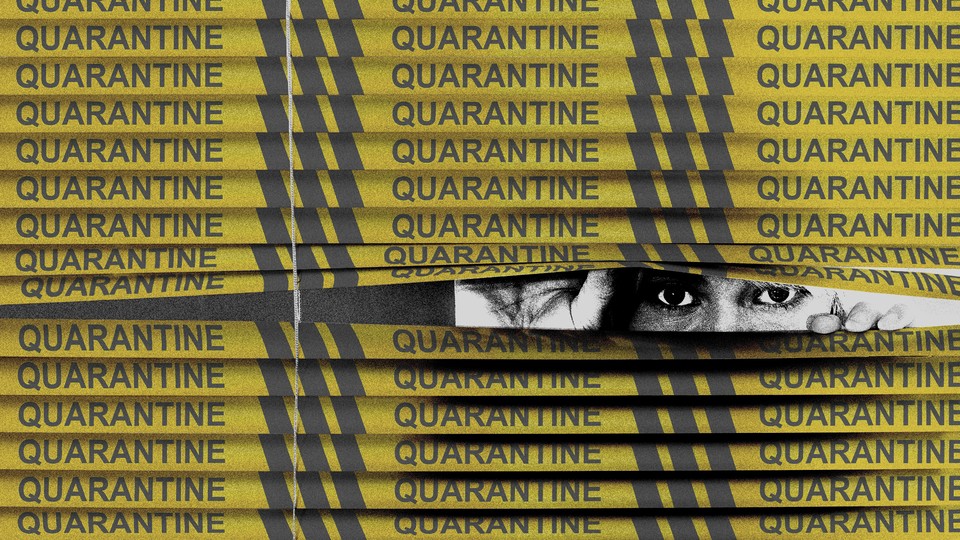 illustration of someone peeking through yellow tape labeled "quarantine"