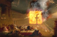 illustration with an 1820 painting of outdoor feast with people in historical dress fleeing a giant flaming Facebook logo in a colonnaded courtyard