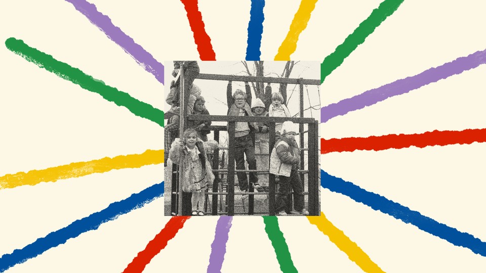 A starburst of colorful stripes including purple, yellow, green, red and blue extend out from the center where a black and white photo shows a group of children are playing on a jungle gym.