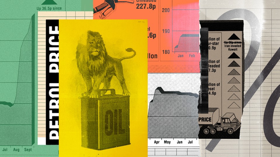 Illustrated collage of oil-related images