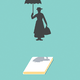 A silhouette of Mary Poppins flying above a book
