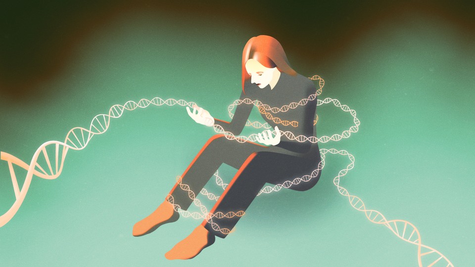 Illustration of a woman looking down at her hands while sitting on the floor as strands of double helix genes wrap around her.