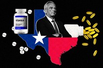Robert F. Kennedy Jr. and a bottle of vitamin A tablets, both superimposed on a Texas flag