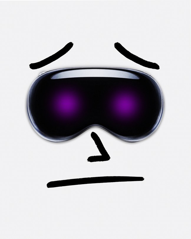 An illustration of a pair of Apple Vision Pro Goggles with a worried expression drawn around them