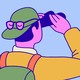 Illustration of a man who is both holding binoculars to look ahead, and who has glasses on the back of his hat, directed at what lies behind