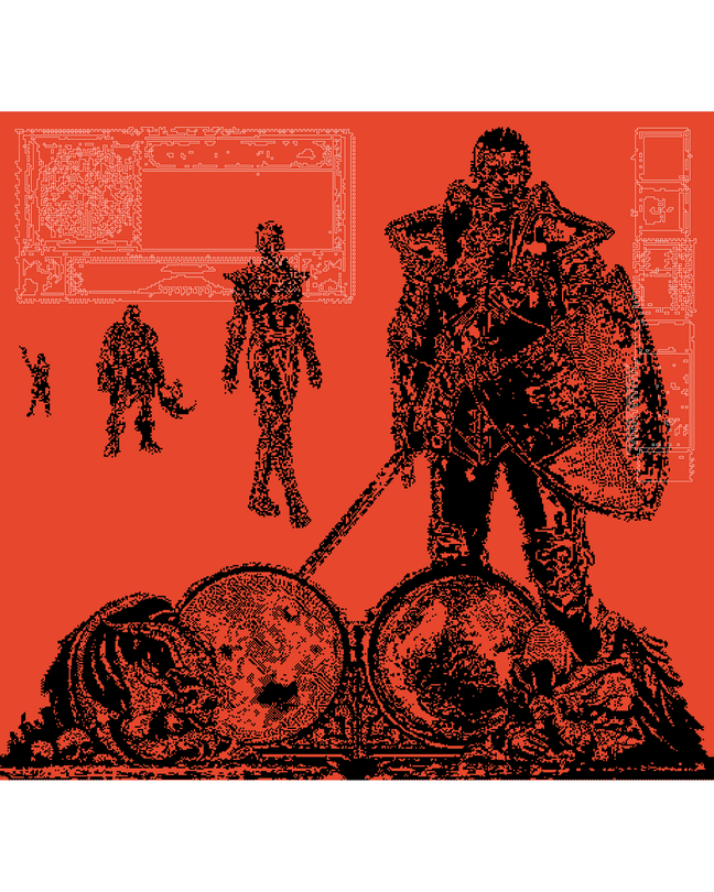 A graphic illustration of black, pixelated video-game characters on a red background.