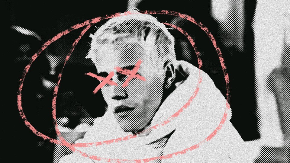 A grainy photo of Justin Bieber with his head circled and his eyes x-ed out