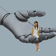 A woman sits on a giant robotic hand