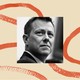 Black-and-white headshot of former FBI official Peter Strzok, inset in an illustrated background