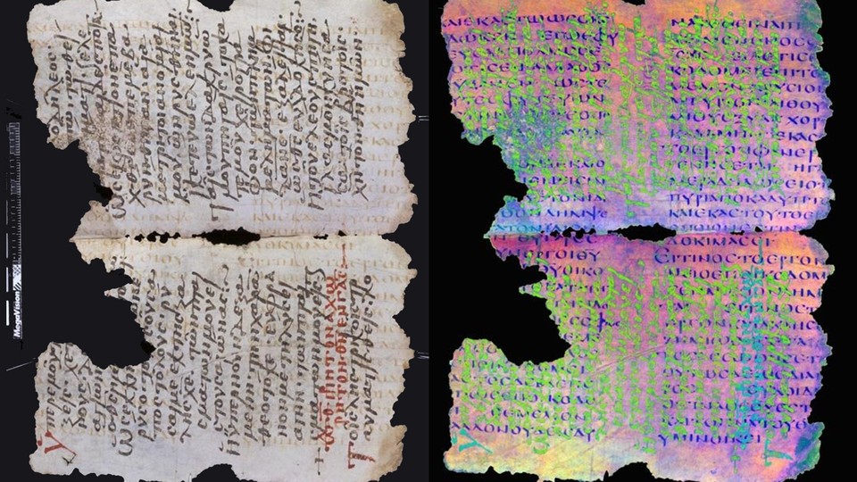 Two photos of the same pages from an ancient manuscript. The left is a normal image. The right is a special composite image that illuminates underlying erased words. 