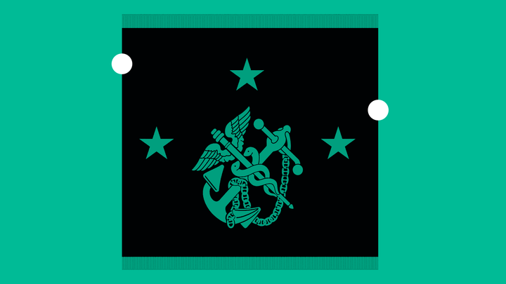 The logo of the U.S. Public Health Service, a medical staff with two snakes intertwined and wings crossed with a Marine anchor, with three stars at left, right, and above