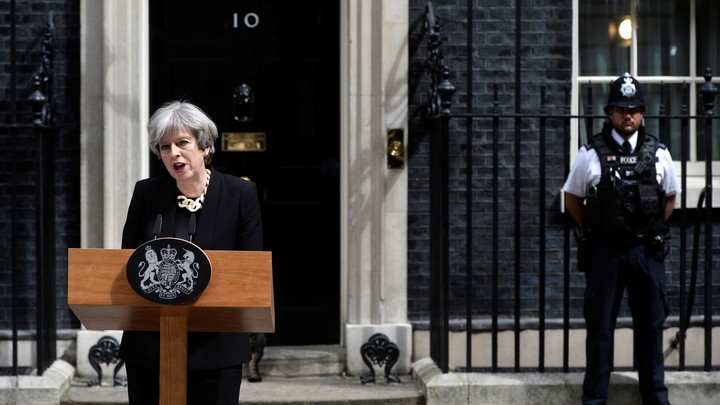 Britain's Prime Minister Theresa May speaks outside 10 Downing Street.