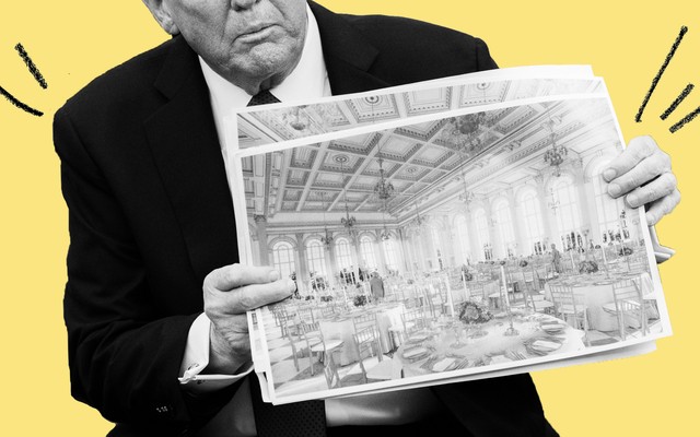 Donald Trump holding an image of the White House ballroom
