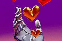 A robot hand opening to reveal heart-shaped balloons