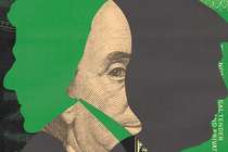 An illustration featuring a dollar bill's Ben Franklin together with silhouettes of Reagan and Trump