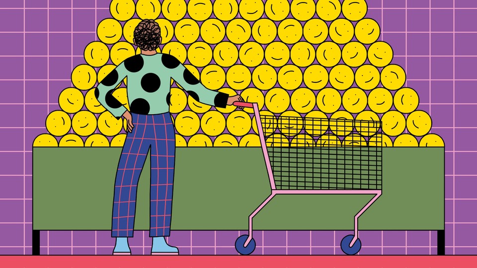 A person with a shopping cart gazes at a large pile of smiley faces