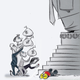 a cartoon drawing of Jeff Bezos, Mark Zuckerberg, Sam Altman, and Patrick Soon-Shiong kneeling before the figure of Donald Trump and holding up money bags, with a prostrate Mickey Mouse at Trump's feet