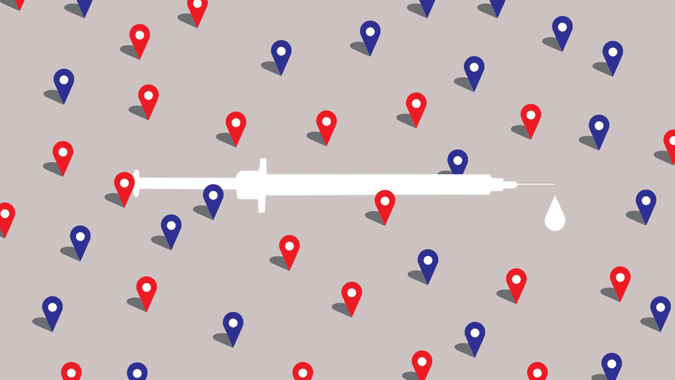 A syringe surrounded by red and blue location pins