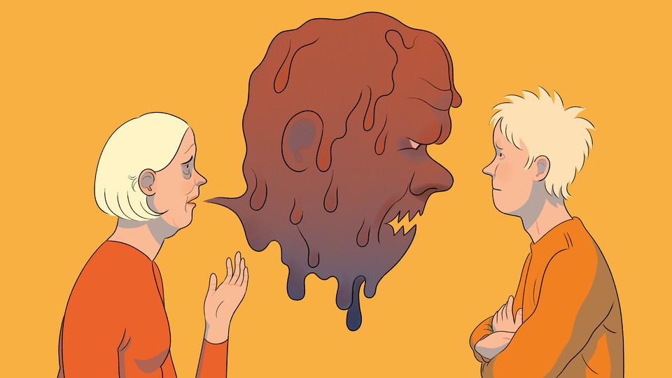 A drawing of a mother speaking with her son, with a speech bubble in the shape of a monstrous man.