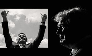 Photo illustration with Jair Bolsonaro raising his hands and a profile of Donald Trump
