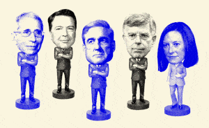 Five illustrations of Anthony Fauci, James Comey, Robert Mueller, Bill Taylor, and Jen Psaki as bobbleheads