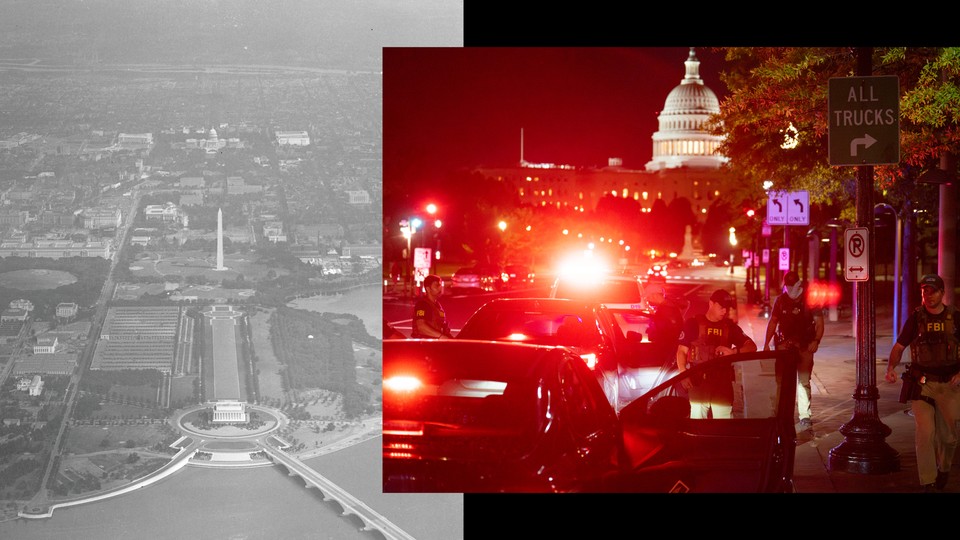 A split image, the left half a black and white photo taken above the National Mall, and the right half an image of FBI officers leaving a car with the Capitol in the background
