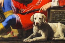 Painting of a pre-Industrial Revolution nobleman reclining next to a yellow labrador retriever