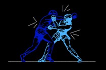 Two boxers spar, each drawn in different shades of blue outlines.