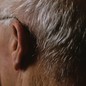 A man's head from behind, showing his ear and gray hair and fading into black