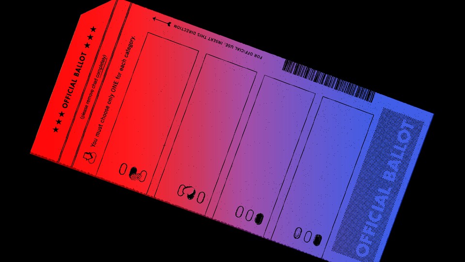 A ballot turning from red to blue