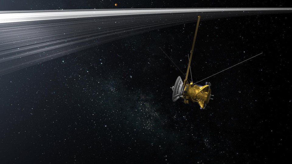 An illustration of the Cassini spacecraft cruising through space