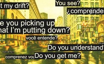 Captions over an illustration of a city