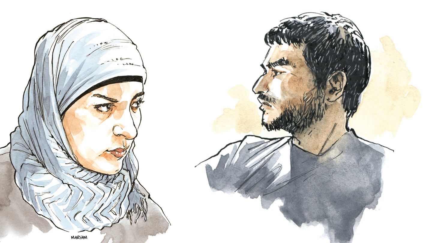 Sketches of a Syrian woman and a Syrian man