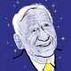 illustration of Mel Brooks smiling with retro 1950s sparkles on blue background