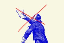 A man holding up a stack of papers with a red ex over him