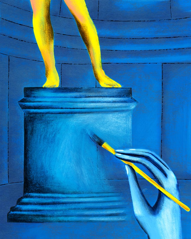 A painting of a hand painting a picture of the statue of David