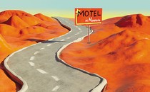 detail from illustration of desert landscape with curving road through it and motel sign