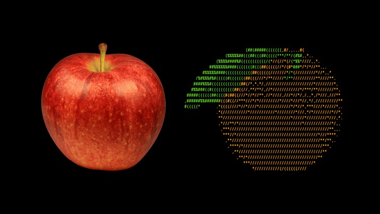 A photo of an apple and an ASCII image of an orange