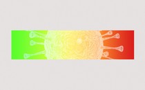 A coronavirus particle overlaid with a green-to-red gradient