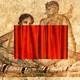 Illustration of an ancient fresco of two people having sex partially covered by a red curtain for modesty