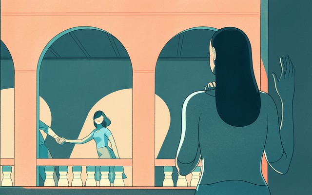 An illustration of a woman watching another woman get pulled away