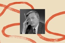 A black-and-white archival photo of William F. Buckley, bordered by an illustration