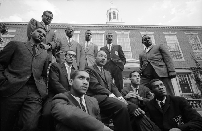 Portrait of a group of American Civil Rights leaders, gathered on the campus of Atlanta University (later renamed Clark Atlanta University) to discuss 'sit-in' protests, Atlanta, Georgia, mid-May, 1960. From left, top row: Bernard Lee (1935 - 1991, Dave Forbes, Henry Thomas, Lonnie C. King Jr, James Lawson; middle row: Virginuis Thornton, Reverand Wyatt Tee Walker, Martin Luther King Jr (1929 - 1968), Michael Penn; and bottom row: Clarence Mitchell, Marion Barry. (Photo by Howard Sochurek/The LIFE Picture Collection via Getty Images)