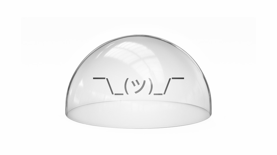 a "shruggie" emoticon in isolation under a glass dome