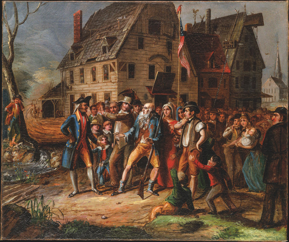 oil painting of old man with musket beset by large crowd of spectators in front of a large inn flying flag